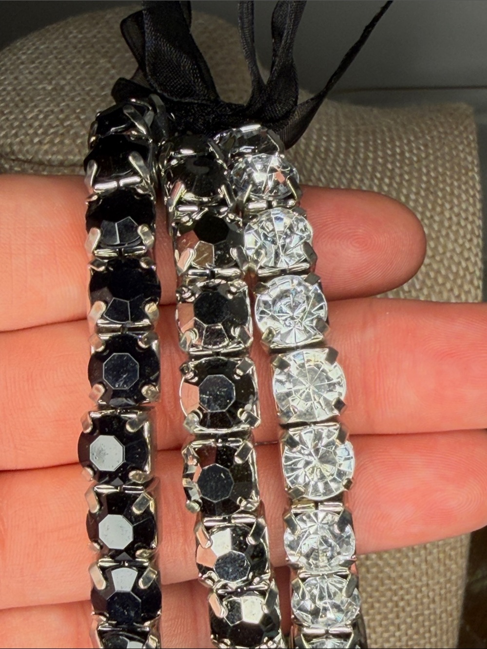 Avenue Silver Crystal Stretch Bracelet Set with Black Ribbon